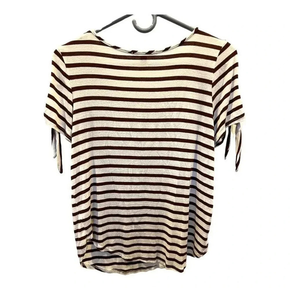 Green Envelope Women’s XS Brown & White Striped Tie Short Sleeved Blouse - Picture 6 of 7